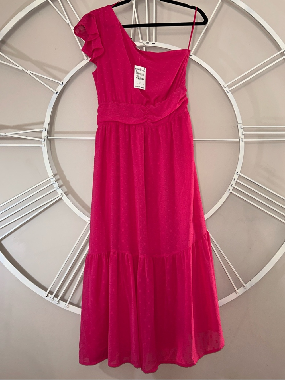 NWT Chelsea28 Hot Pink Rouge Swiss Dot One-Shoulder Tiered Ruffle Midi Dress